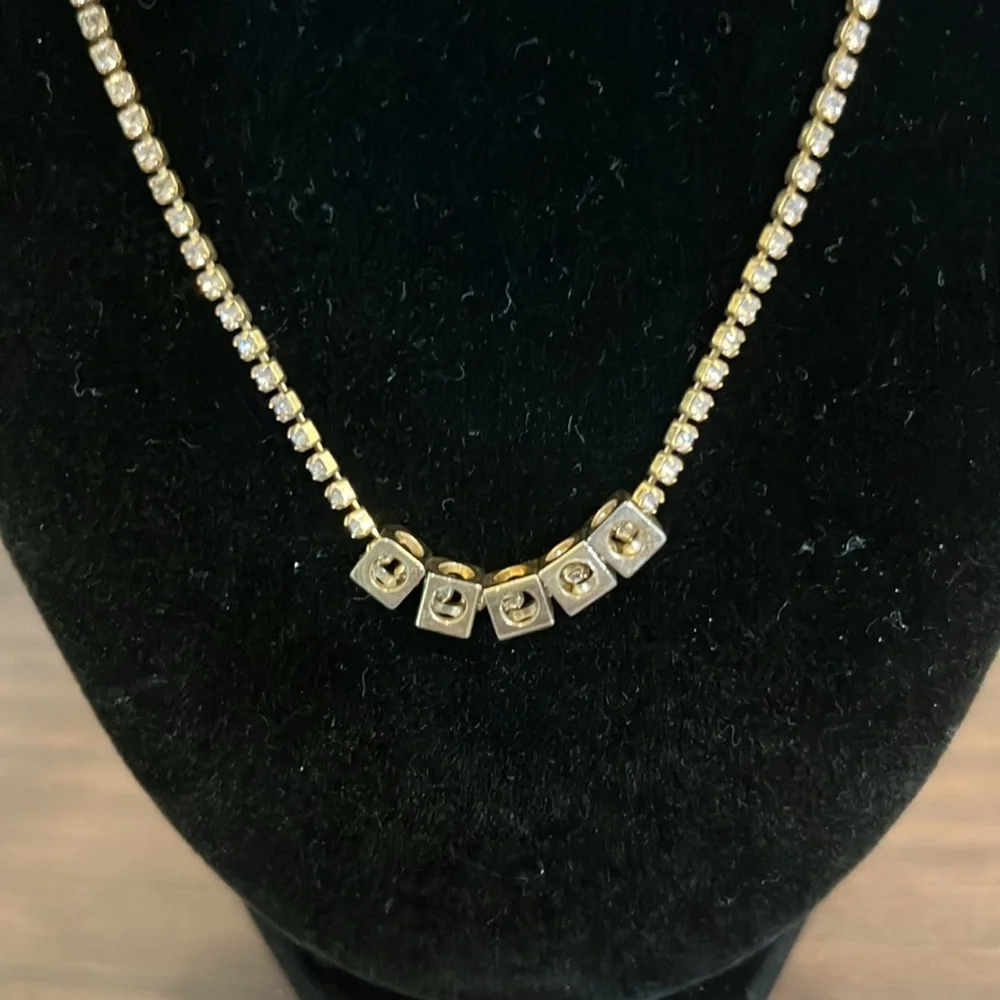 Rachel Leigh goldtone necklace with rhinestone chain and open cubes